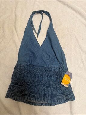 Blue Halter Smocked Waist Tank Top